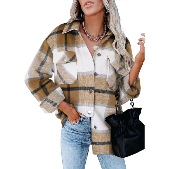 Women Yellow Collared V Neck Button Down Oversized Long Sleeve Shirt Top - Picture 2 of 5